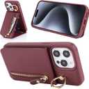 3 x for iPhone 15 pro Case with Card Holder for Women, for iPhone 15 pro Phone Case Wallet with Strap Credit Card with Kickstand Zipper Case - Red Wine