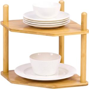 WooFawn 2-Tier Expandable Bamboo Corner Shelf - Dish/Plate Organizer for Cabinet, Kitchen Counter Shelf & Small Kitchen Shelf, Adjustable (Natural, 6.7" H)