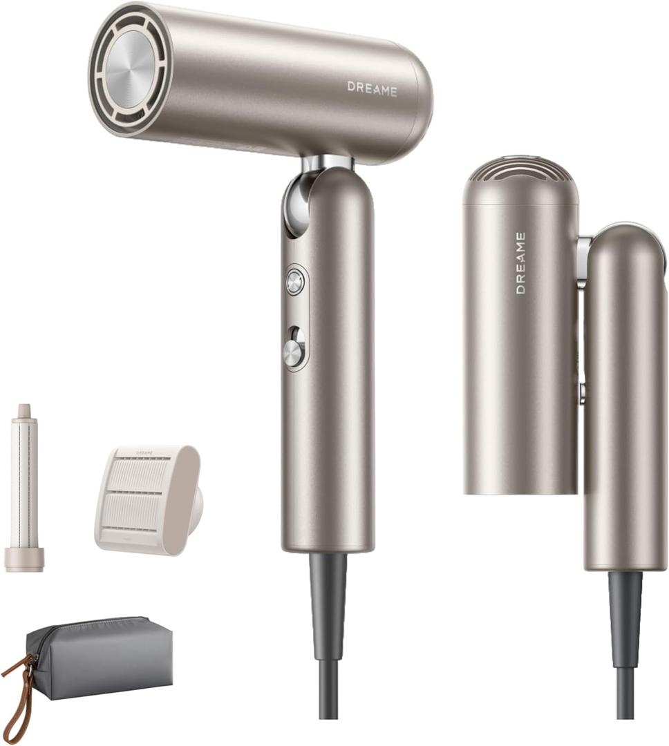 Dreame Pocket Hair Dryer - Ultra Lightweight Blow Dryer with 2 Styling Attachments, Fast Drying, High-Speed Brushless Motor, 300M Negative Ions, Low Noise, Portable for Home & Domestic Travel & Gym