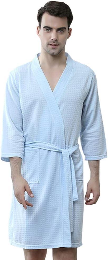 Rojeam Men's Kimono Waffle Robe Unisex Lightweight Soft Knee Length Spa Bathrobe Sleepwear with Pockets (Blue)