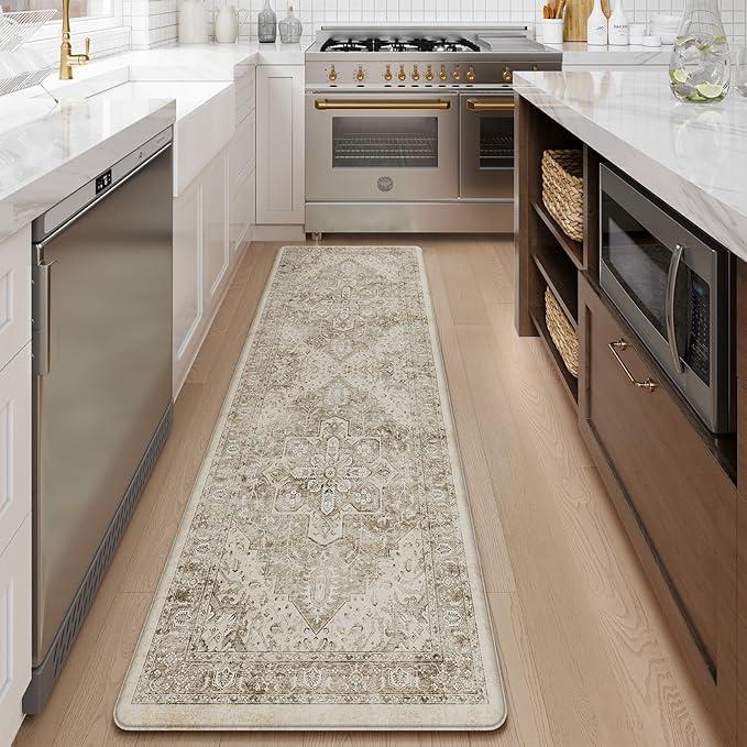 KIMODE Anti-Fatigue Kitchen Floor Mats, 20 x 71 Inches, Oriental Bohemian Style Cushioned Kitchen Floor Mats, Non-Slip, Khaki