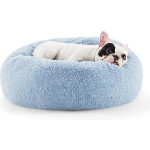 Bedsure Calming Dog Bed for Small Dogs - Donut Washable Small Pet Bed, Round Anti-Slip Fluffy Plush Faux Fur Large Cat Bed, Fits up to 25 lbs Pets, Light Blue, 23 inches