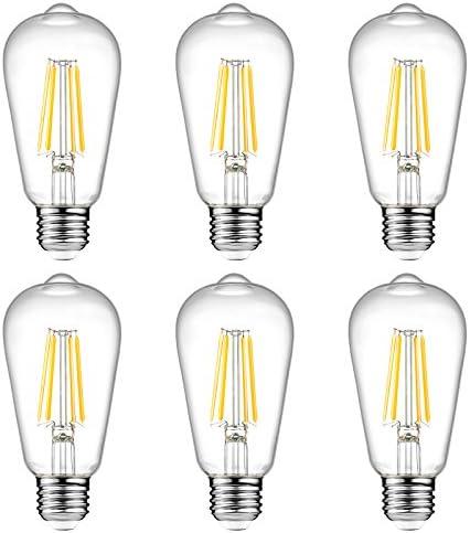 Ascher Vintage LED Edison Bulbs 6W, Equivalent 60W Incandescent, Non-Dimmable, Warm White 2700K, ST58 Antique LED Filament Bulbs with 80+ CRI, E26 Medium Base, Clear Glass, 6-Packs
