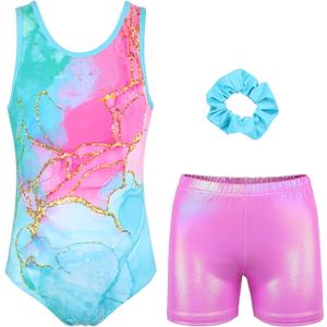 Gymnastics Leotards for Girls with Shorts Sparkly Ballet Dance Activewear (10-11 Years, Mint Crack Set)