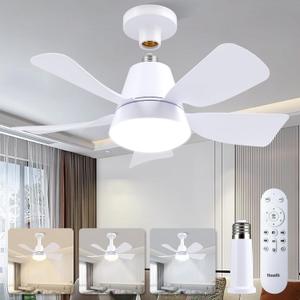 Socket Fan with Light and Remote, Socket Fan Light 3000K-6500K 3 Colors Dimmable, 5 Blades with Socket Extender,Portable Small Ceiling Fans for Bedroom, Garage, Kitchen, Living Room