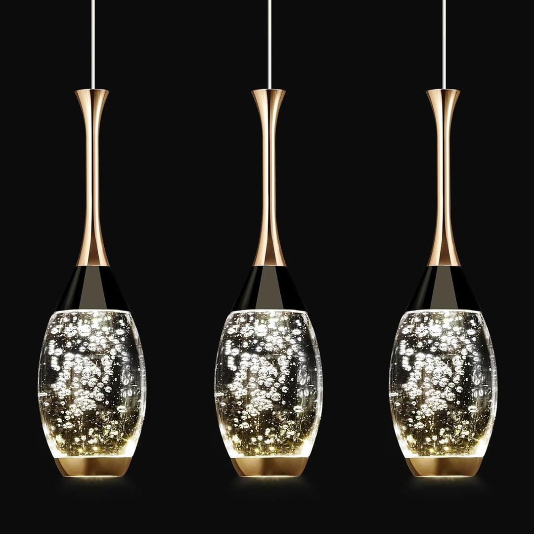 Modern Black Gold Pendant Light Dimmable LED Ceiling Light Fixtures Mini Teardrop Crystal Pendant Lighting for Kitchen Island Bedroom Hallway Entryway (3-Pack)