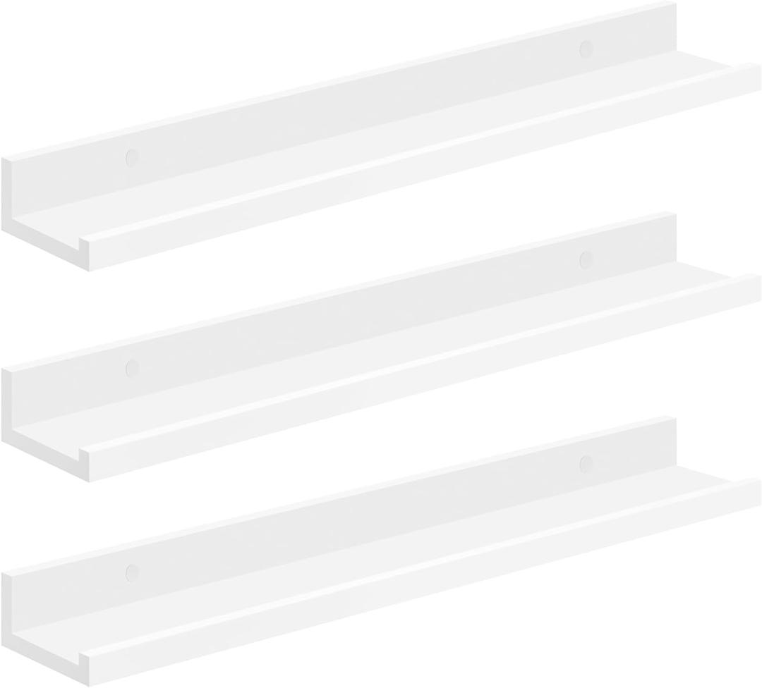 SONGMICS Floating Shelves, Set of 3 Wall Shelves, 31.5-Inch Wide, for Photo Frames and Trinkets, for Living Room, Home Office, Kitchen, Bathroom, White ULWS081W01