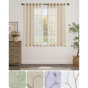 jinchan Beige Boho Sheer Linen Curtains for Bedroom 63 Inch Length Floral Embroidered Semi Sheer Privacy Drapes for Living Room Embroidery Voile Transparent Back Tab Window Treatments 2 Panels