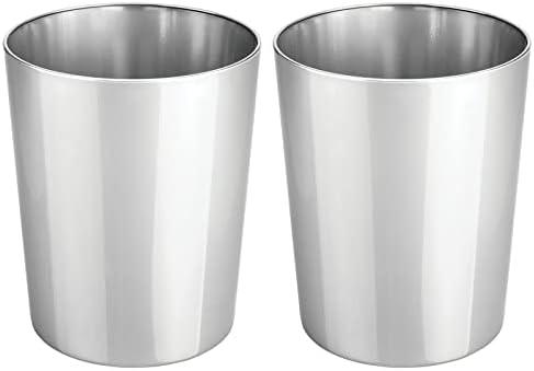 mDesign Round Metal Small 1.7 Gallon Recycle Trash Can Wastebasket, Garbage Container Bin for Bathrooms, Kitchen, Bedroom, Home Office - Durable Stainless Steel - Mirri Collection - 2 Pack - Chrome
