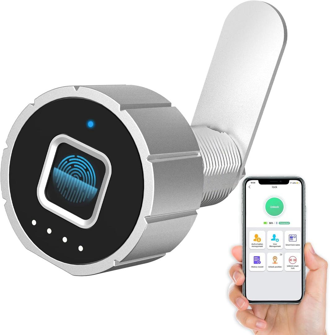 Pothunder Smart Cabinet Lock, 1 1/8" (30mm) Long Cabinet Cam Lock with Fingerprint Bluetooth APP, Digital Keyless Biometric Child Safety Lock for Drawer Cabinets Storage Mailbox