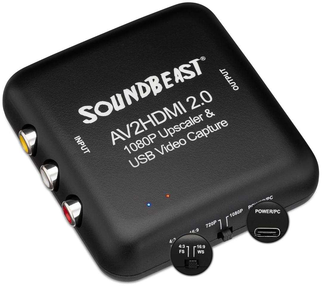 SoundBeast AV to HDMI Converter & Recorder 2.0 - AV RCA Composite to 1080P HDMI TV Upscaler - for VCR, VHS, DVD, Camcorder, Hi8, Gaming - 4:3 Aspect Ratio - USB Video Capture