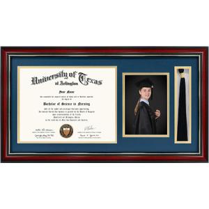 GraduationMall 11x22 Cherry Diploma Frame with Tassel Holder and Picture for 8.5x11 Certificate 5x7 Photo,Tempered Glass,Navy Blue over Gold Mat
