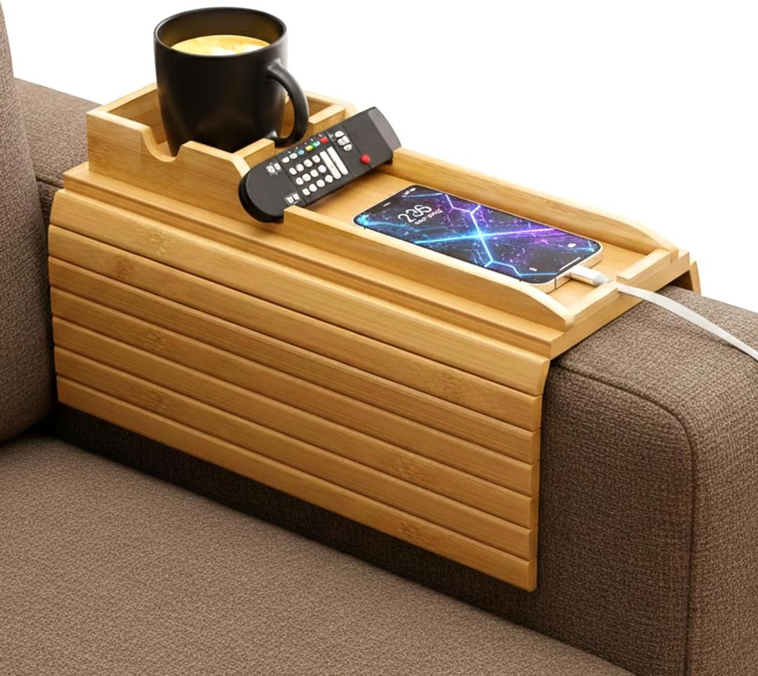 Couch Cup Holder & Bamboo Armrest Tray Foldable Non-Slip Sofa Arm Table for Drinks, Snacks, Remote Control & Phone