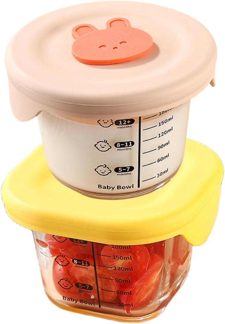 2 Pack 6 OZ Mini Glass Food Storage Containers with Lids,Small Food Jars Clear Glass Container with Measurement for Sauce,Snack,Yogurt,Dressing,Dip,Dessert,Freezer Microwave Safe(Pink Yellow)