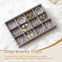 Large Velvet Jewelry Tray 2 Pack Stackable Jewelry Display Drawer Inserts Trays Organizer for Earring Bracelet Necklace Ring (Gray, 12 Grids)