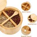 Natural bamboo Salt and Pepper Bowl, Bamboo Salt Cellar and Spices Storage Box With Built-in Spoon and Magnetic Swivel Lid (Two Compartments)