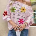 Cakulo Womens Off Shoulder Sweater Top Fall Outfits 2025 Oversized Knit Batwing Long Sleeve Crochet Sweaters Flower Pink Small