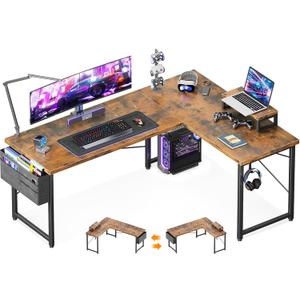 ODK L Shaped Desk, 57.5" Computer Gaming Desks, Home Office Writing Table with Monitor Shelf, Space-Saving Modern Corner Workstation, Easy to Assemble, Vintage