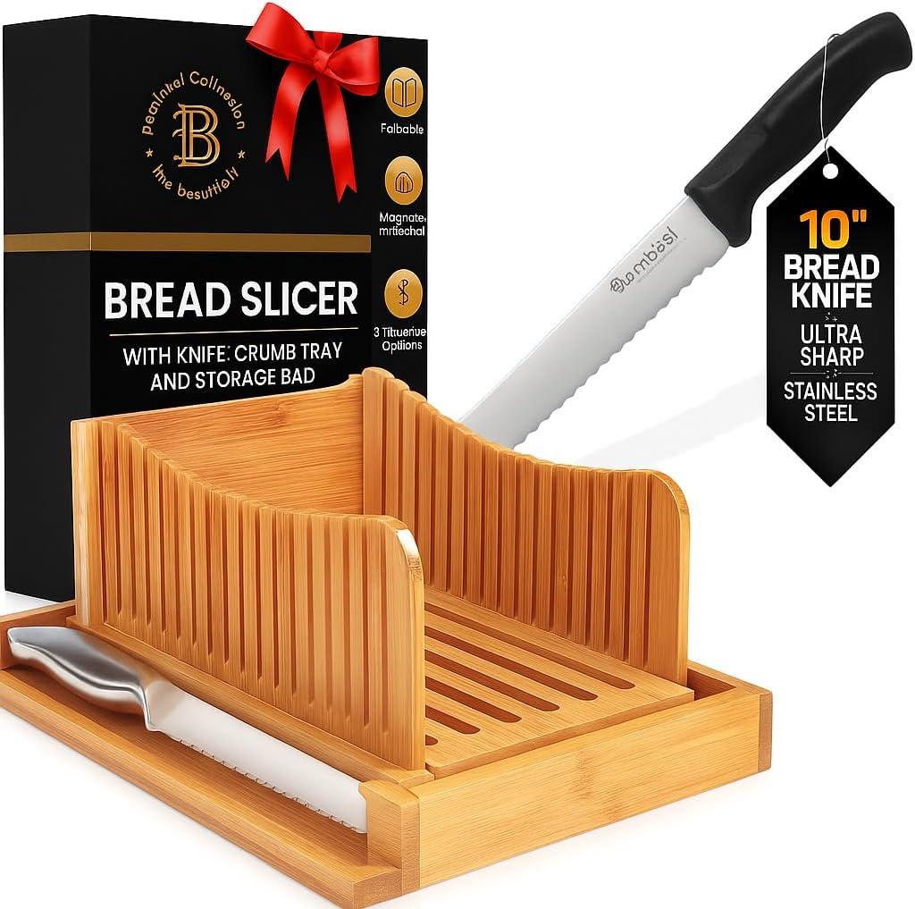 Bamboo Bread Slicer with Crumb Tray & Knife  3 Slice Thickness Options, Foldable Storage, 10 Ultra Sharp Stainless Steel Bread Knife with Ergonomic Handle  Sourdough & Cake Cutter Set