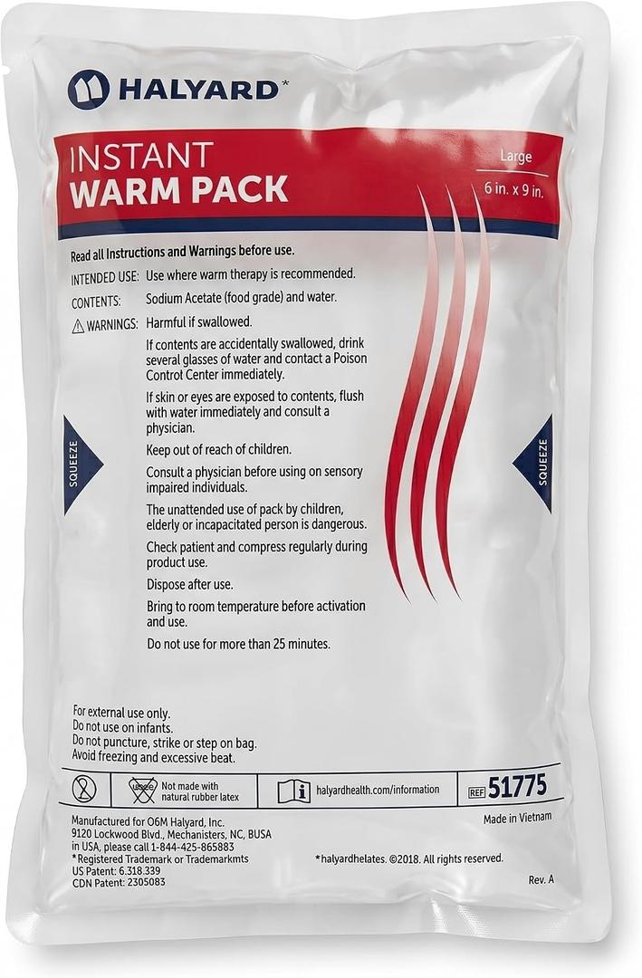 HALYARD Hot Compress Disposable Instant Warm Packs Heat Therapy Pain Relief 6 x 9 Inches, 24 Packs Per Case - 51775