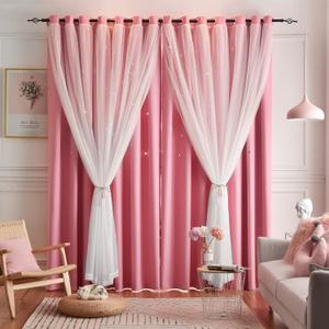Star Curtains Blackout Curtains for Bedroom, Double Layer Curtains Nursery Curtains Cute Curtains, Kids Curtains for Girls, Curtains 63 Inch Length 2 Panels, Pink Curtains, 52 X 63 Inches