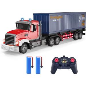 RC Semi Truck with Trailer - 22.5 Inch Semi Truck Toy for Kids, Carrier Van Transport Vehicle with 2 Rechargeable Batteries, 1:24 Container Trucks with LED Lights & Music, Great Gift For Boys Girls