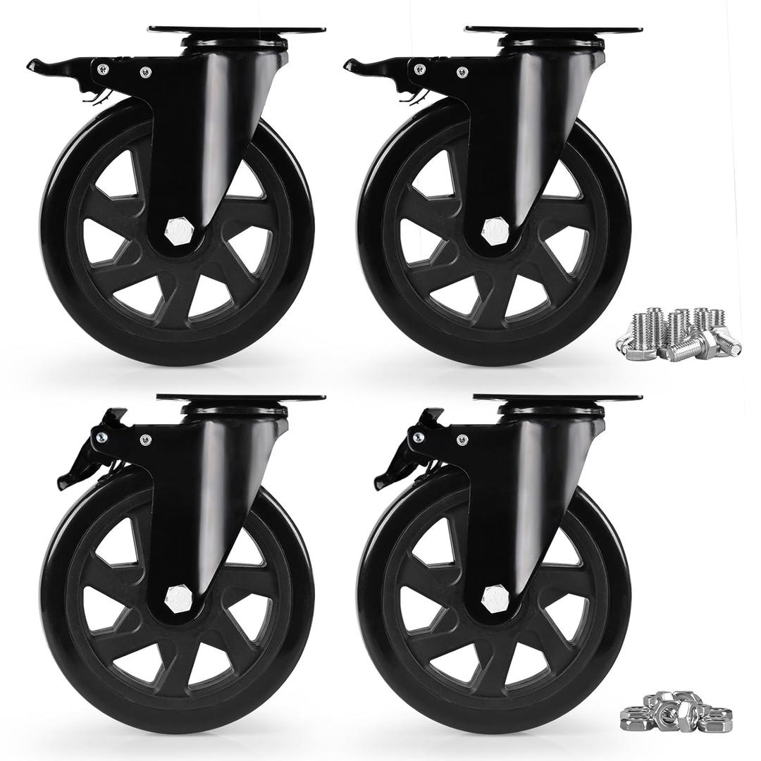 Caster Wheels, Heavy Duty 6 Inch Casters Set of 4, Locking Swivel Casters Wheels for Cart, Furniture and Workbench, Black