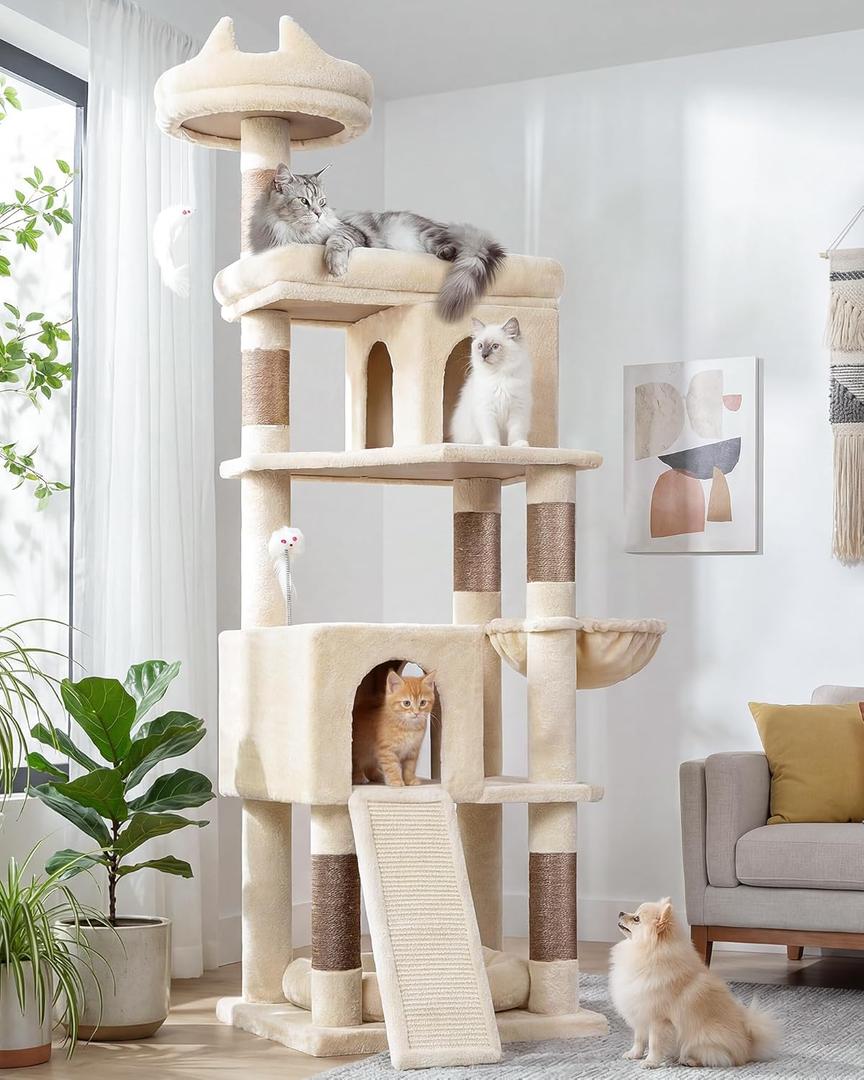 Globlazer Heavy Duty Cat Trees for Large Cats, Sturdy 72in Maine Coon Cat Tree for Large Cat 20 lbs+ Heavy Duty Cat Tower for Adult Biggest Cats with 6 Scratching Posts, Hammock, S72, Beige