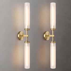 2Pc 30" Knurled Brass 2 Light Wall Sconces, Long Modern Hardwired Bathroom Vanity Light, Frosted Glass Tube Linear Wall Light Fixtures, for Mirror,Bedroom,Living Room,Hallway