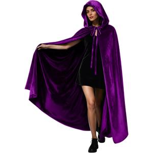 Velvet Hooded Cloak for Adults Full-Length Medieval Cape with Oversized Hood for Halloween Cosplay Gothic Wizard (Purple, L)