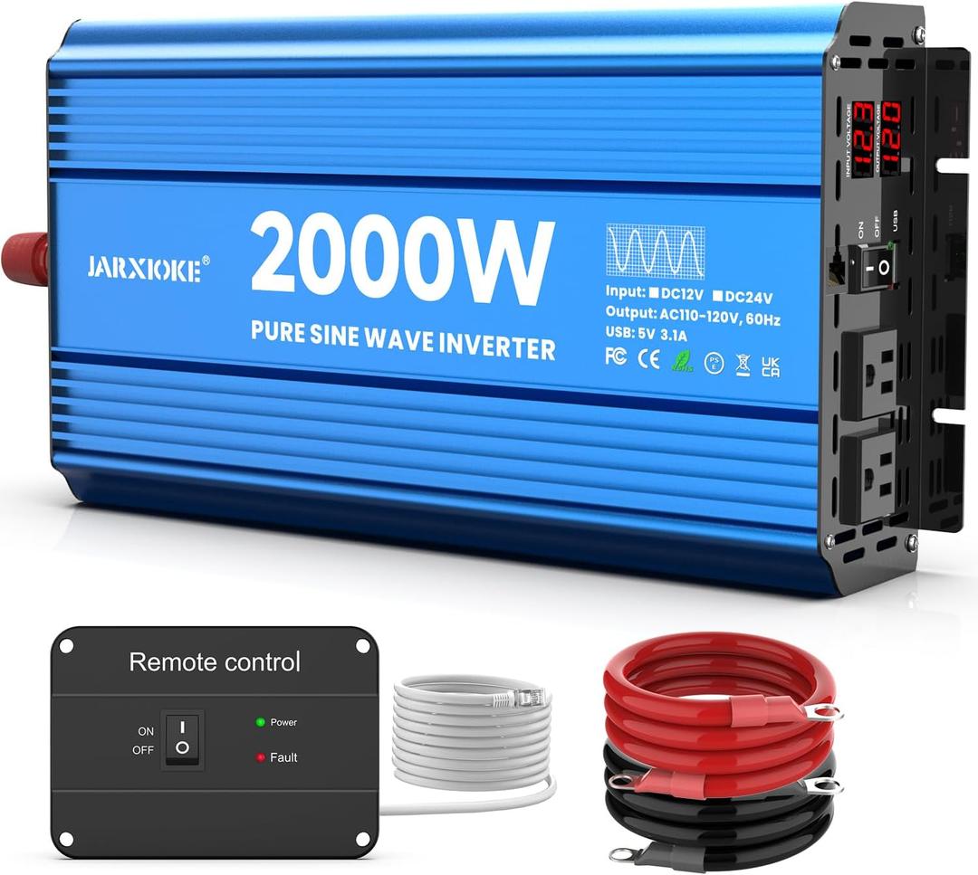 2000 Watt Pure Sine Wave Power Inverter, 12V DC to 110 Vdc to 120 Vdc, for Home, RV and Off-Grid Solar Systems, with 2 AC Outlets and USB Port, LCD Display, with Remote Control