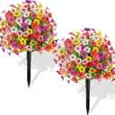 2 Pack Artificial Boxwood Topiary Ball Trees with Violet Flowers Spikes for Outdoors 23" UV Resistant Artificial Greenery Shrubs Fake Evergreen Bushes Plants for Front Porch Garden Patio Spring Decor (Mix Color)