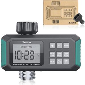 2WAYZ Water Timer for Hose - Automatic Sprinkler Timer with Heavy Duty Threads - 3/4-Inch Inlet and Outlet Swivel Connection - Water for Garden Hose with Rain Delay Options - Green