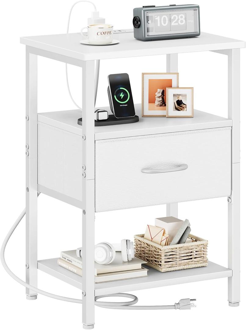 Vagusicc Nightstand with Charging Station, Bed Side Table with Adjustable Fabric Drawer, Night Stand for Bedroom, 3-Tier Storage End Table, End Tables for Living Room, White (23.8"H x 15.4"D x 11.5"W)