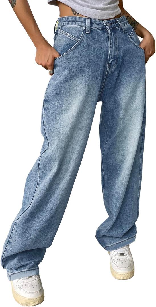 EMMIOL Women Baggy Jeans Trendy Mid-Low Waisted 90s Vintage Denim Pants Baggy Jeans Trouser (Blue, S)