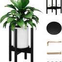 Adjustable Bamboo Plant Stand Indoor with Tray, Wood Plant Stand for 8 to 12 inches Flower Pots, Single Mid Century Modern Plant Holder for Indoor, Black
