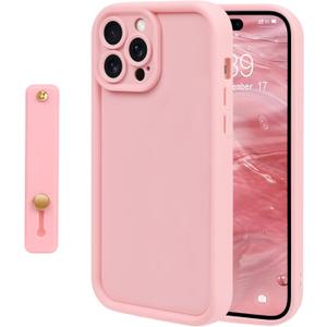 NITITOP Compatible with iPhone 13 Pro Case Cute Simple Design Stylish Enhanced Camera Protection with Wrist Adjustable Hand Strap Kickstand Grip Holder Touch Soft Protective Cover - Pink