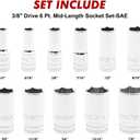 CASOMAN 11PCS 3/8" Drive 6 Pt. Mid-Length Socket Set, SAE, Mirror Chrome Finish, 1/4", 5/16", 3/8", 7/16", 1/2", 9/16", 5/8", 11/16", 3/4", 13/16", 7/8"