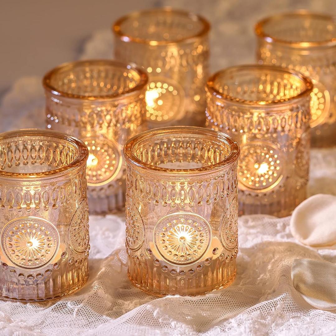 24 Pack Vintage Amber Votive Candle Holders, Glass Small Tea Lights Candle Holders for Table Centerpiece for Home Decor Party Fall Boho Decor(24,Amber)