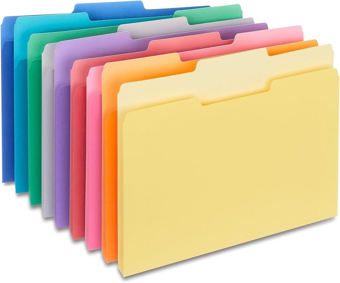 Staples File Folders, 1/3-Cut Tab, Assorted Position, Letter Size, Perfect for Home, Office, Classroom, 100-Pack, Assorted Colors (Multicolored)