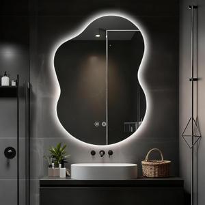 Asymmetrical Lighted Mirror for Bathroom,Modern LED Vanity Mirror with Backlit,Fog-Free,Tri-Color Dimmable Lighting with Memory Function,Hardwire Ready [Horizontal/Vertical] 35" H x 25" W
