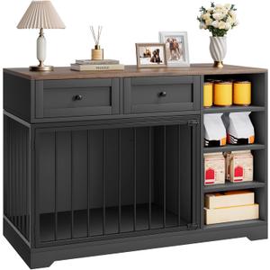 IDEALHOUSE 47” Large Dog Crate, Dog Kennel Indoor with 2 Drawers and 4 Shelves, Dog Crate Furniture TV Stand, Wooden Dog Cage for Medium Large Dogs, Black