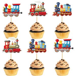 24Pcs Transportation Trains Cupcake Toppers Cartoon Vintage Locomotiv Cupcake Picks for Retro Train Boys Girls Funny Birthday Party Baby Shower Cupcake Decorations Train Transportation Party Decors (Red)
