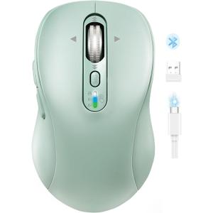 Wireless Bluetooth Mouse for Laptop,USB+BT2,Quiet Ergo Computer Mouses,Metal 4-Way Super Scrolling, 3200 DPI,Rechargeable,10 Button,Plug&Play,Multi Device Cordless Mice for iPad,Tablet,Mac,PC(Green)