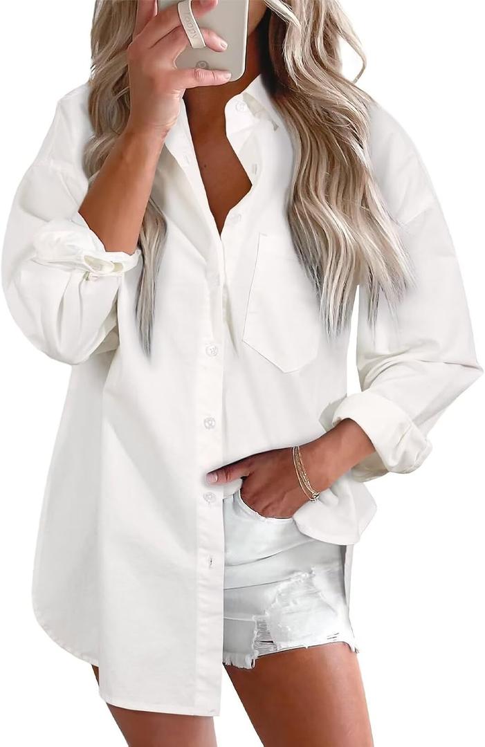 Astylish Women Denim Shirts Button Down Blouse V Neck Casual Tops L
