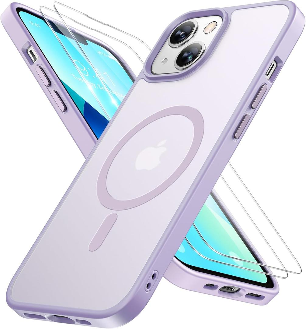 Miracase Magnetic for iPhone 13 Case 6.1 inch (Compatible with MagSafe)with 2X Screen Protectors Military-Grade Protection, Anti-Fingerprint Translucent Matte Phone Case Cover, Light Purple