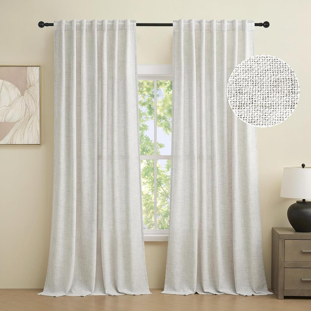 Novecozy Natural Linen Curtains 90 Inch Length, Farmhouse Rod Pocket Back Tab Linen Textured Light Filtering Soft Semi Sheer Window Treatment Drapes for Bedroom Living Room,2 Panels Set, White