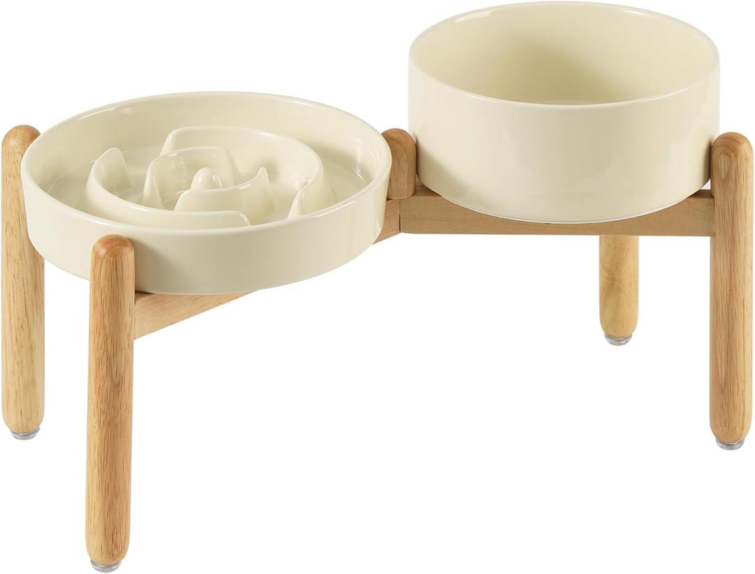 Ceramic Raised Slow Feeder Dog Bowl Set, Elevated 7.3inch Bowl and 8.2inch Puzzle Slow Dish with Wooden Stand for Medium and Large Dog, Anti-Gulping (2X Light Yellow+ Stand)