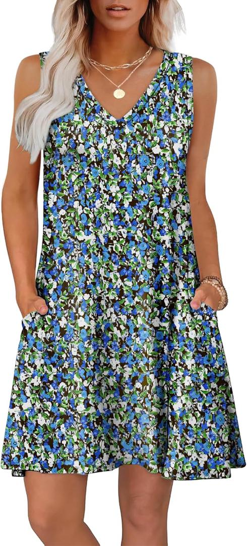 Summer Dresses for Women 2025 Loose V Neck Swing T Shirt Casual Dress Sundresses with Pockets Floral Viola Size M