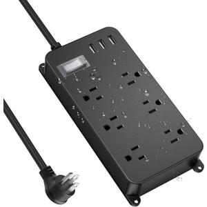 Outdoor Power Strip Weatherproof with USB,Waterproof Surge Protector,3 USB Ports, 6 Outlets,Multi Plug Electrical Outlet for Camping,Garden,Home Office Patio Porch,etc,15FT Cord,Flat Plug